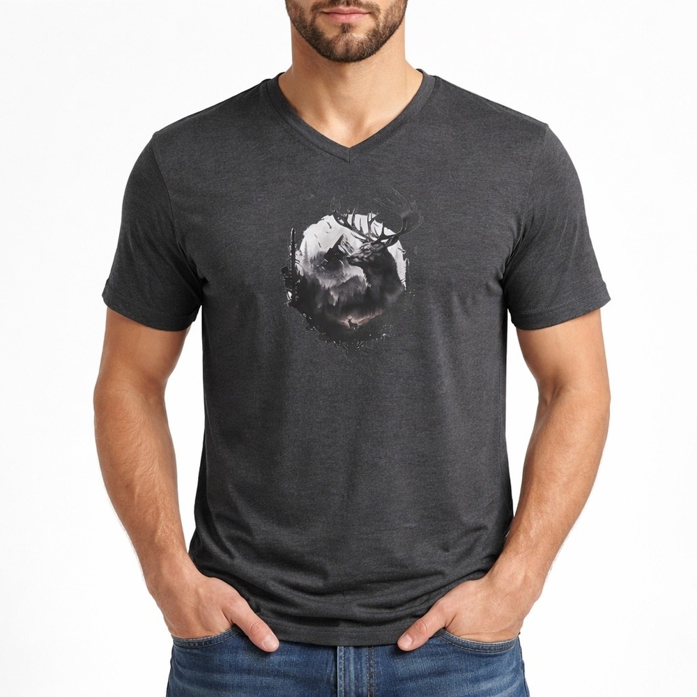 George Men's Graphic T Shirt V Neck‎ Dark Heather Gray Deer Forest Nature Size M